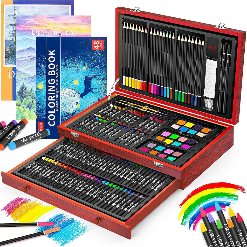 150-Piece Deluxe Wooden Art Set Drawing & Painting Kit with Sketch Pads, Coloring Book, Colored Pencils, Oil Pastels & Watercolors