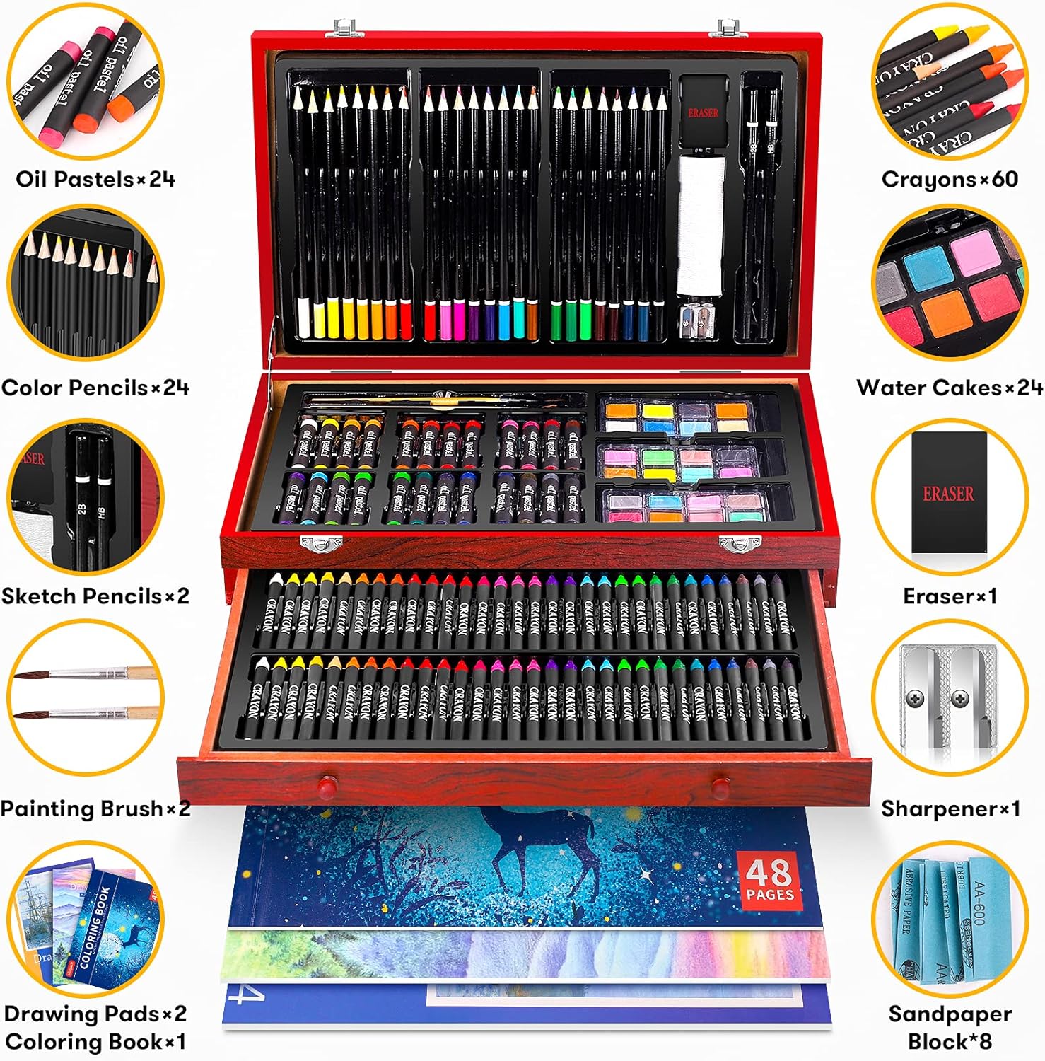 150-Piece Deluxe Wooden Art Set Drawing & Painting Kit with Sketch Pads, Coloring Book, Colored Pencils, Oil Pastels & Watercolors
