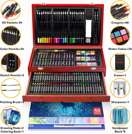 150-Piece Deluxe Wooden Art Set Drawing & Painting Kit with Sketch Pads, Coloring Book, Colored Pencils, Oil Pastels & Watercolors