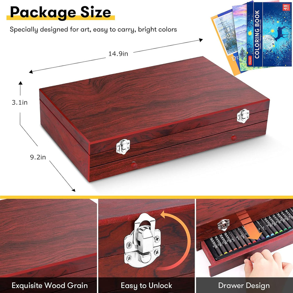 150-Piece Deluxe Wooden Art Set Drawing & Painting Kit with Sketch Pads, Coloring Book, Colored Pencils, Oil Pastels & Watercolors