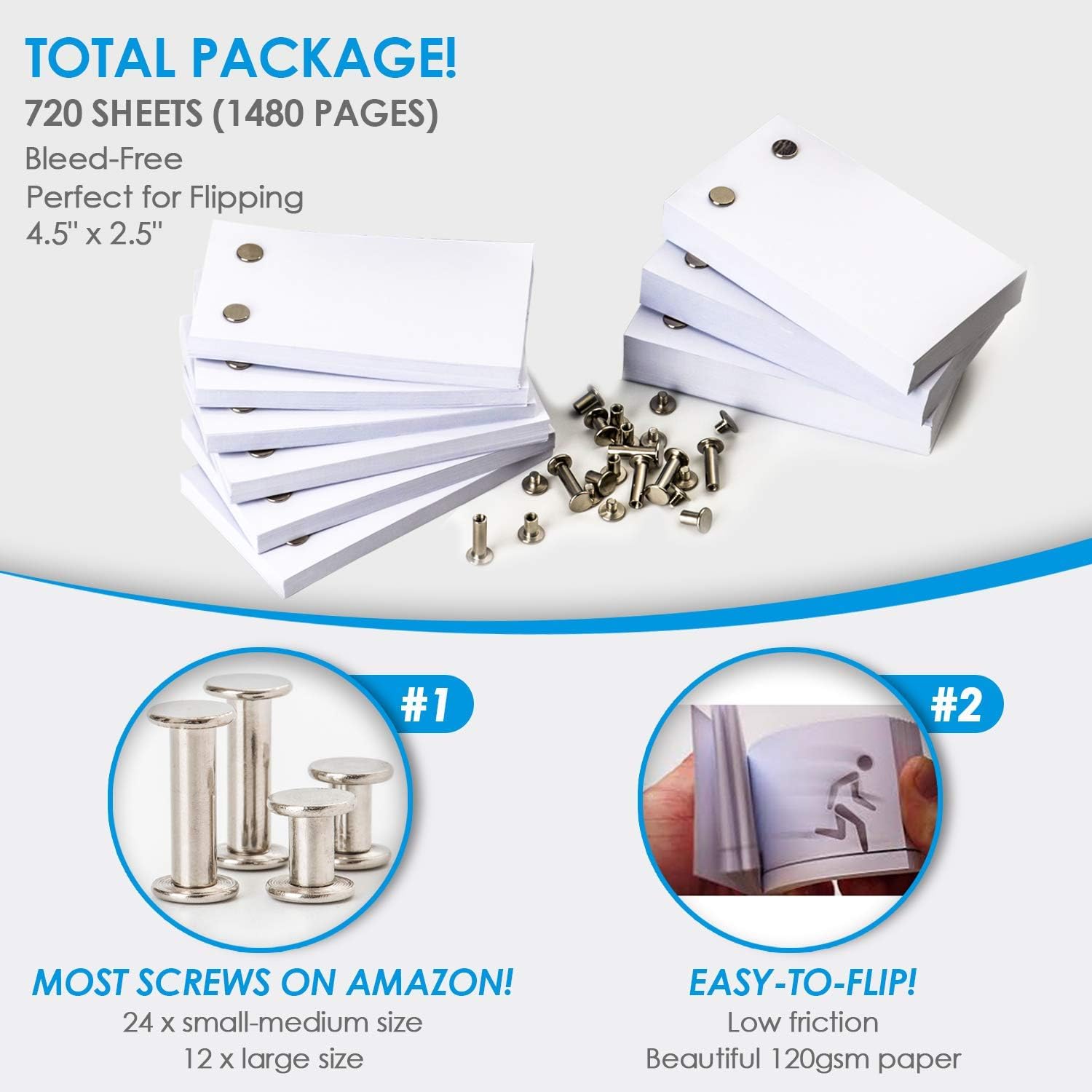 Blank Flip Book Animation Paper Set – 720 Sheets (1480 Pages) Thick 120gsm Paper with Binding Screws for Drawing, Sketching & Animation