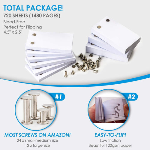Blank Flip Book Animation Paper Set – 720 Sheets (1480 Pages) Thick 120gsm Paper with Binding Screws for Drawing, Sketching & Animation