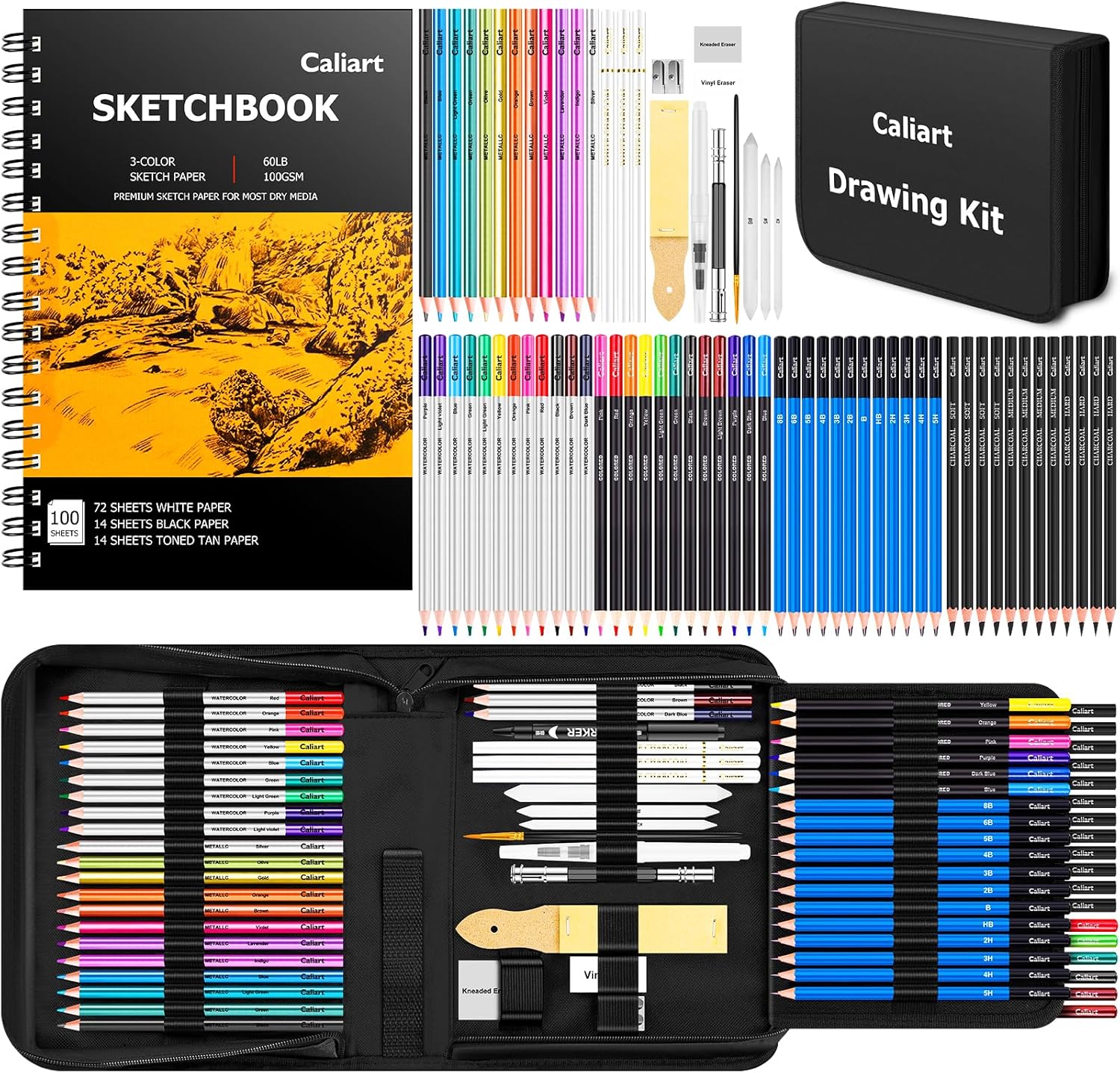 Caliart 176PCS Professional Drawing & Sketching Kit with 100-Sheet 3-Color Sketchbook, Watercolor Pencils, Metallic Pencils & Graphite Set