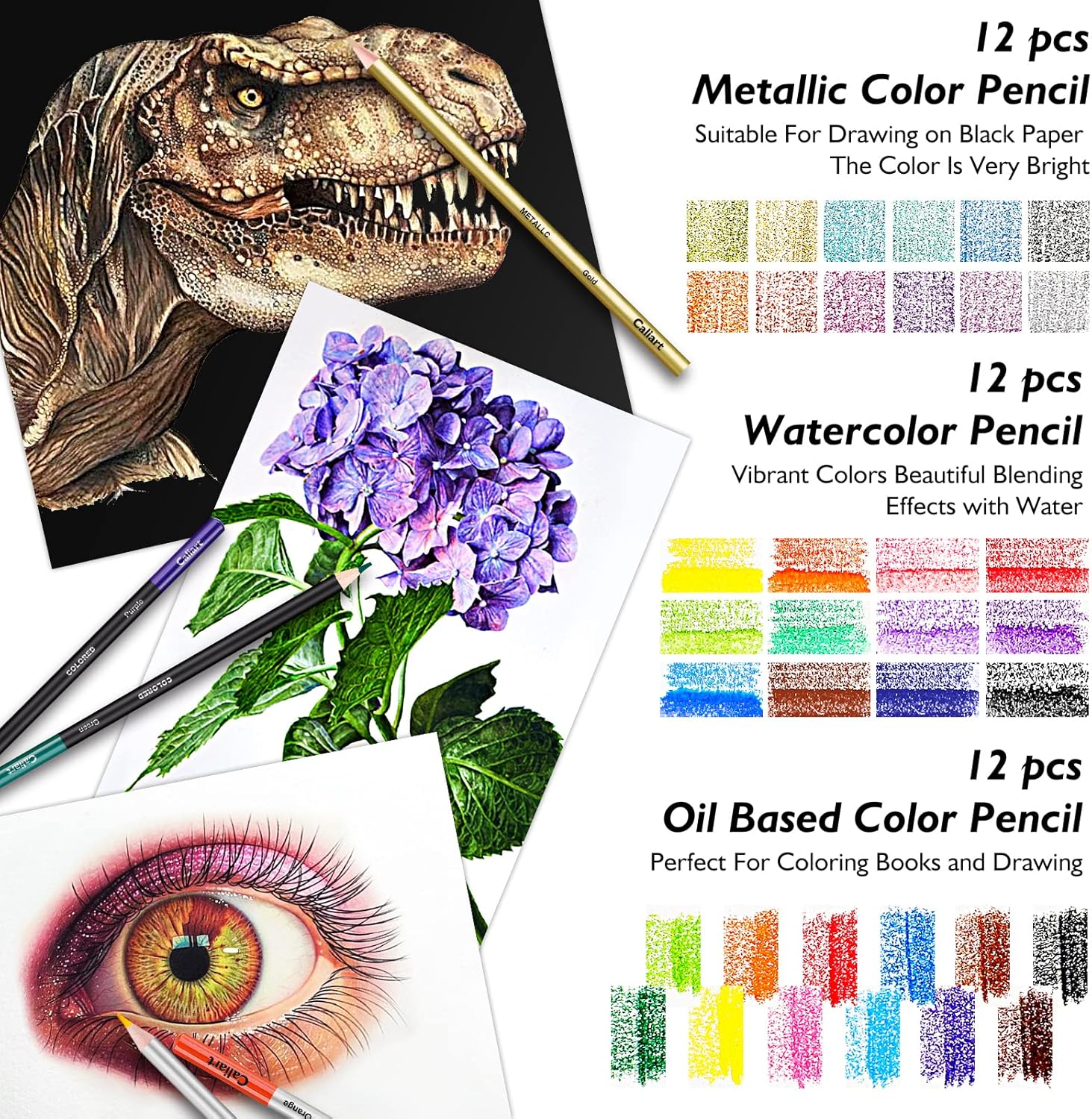 Caliart 176PCS Professional Drawing & Sketching Kit with 100-Sheet 3-Color Sketchbook, Watercolor Pencils, Metallic Pencils & Graphite Set
