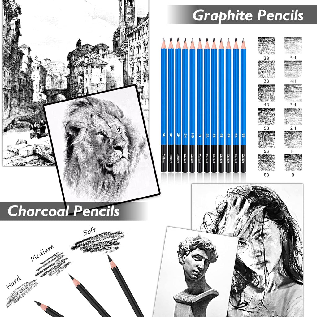 Caliart 176PCS Professional Drawing & Sketching Kit with 100-Sheet 3-Color Sketchbook, Watercolor Pencils, Metallic Pencils & Graphite Set