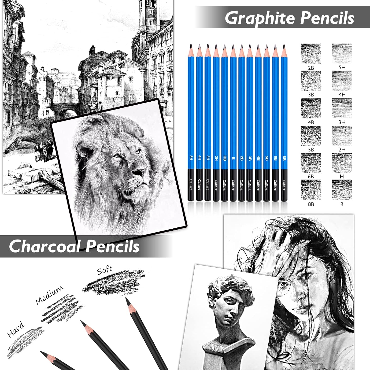 Caliart 176PCS Professional Drawing & Sketching Kit with 100-Sheet 3-Color Sketchbook, Watercolor Pencils, Metallic Pencils & Graphite Set
