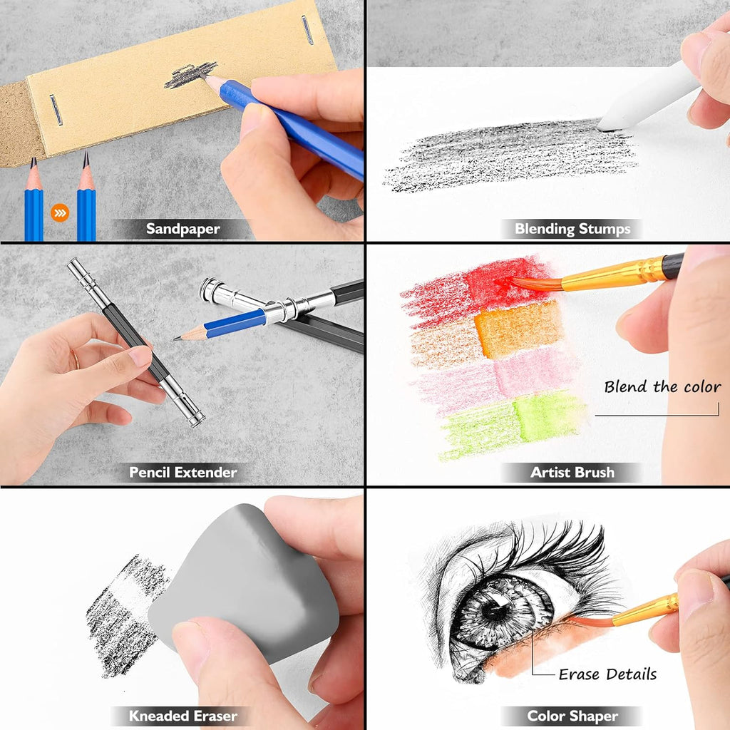 Caliart 176PCS Professional Drawing & Sketching Kit with 100-Sheet 3-Color Sketchbook, Watercolor Pencils, Metallic Pencils & Graphite Set