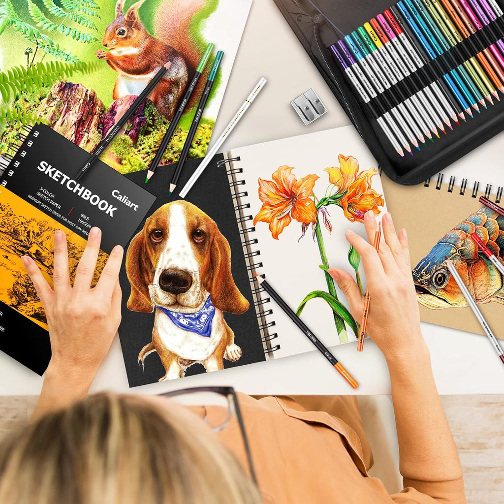 Caliart 176PCS Professional Drawing & Sketching Kit with 100-Sheet 3-Color Sketchbook, Watercolor Pencils, Metallic Pencils & Graphite Set