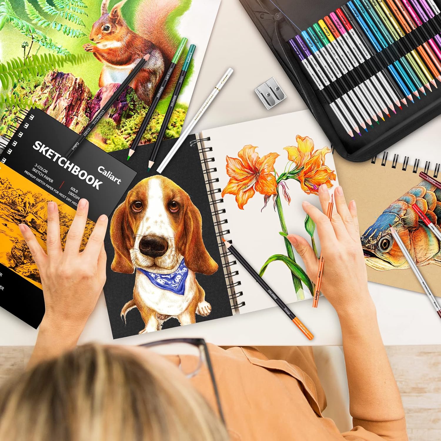 Caliart 176PCS Professional Drawing & Sketching Kit with 100-Sheet 3-Color Sketchbook, Watercolor Pencils, Metallic Pencils & Graphite Set