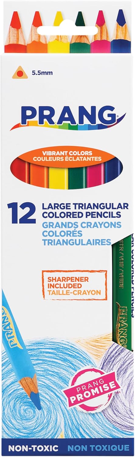 Prang Triangular Colored Pencils with Sharpener – 12 Assorted Colors Ergonomic Grip for Kids, Students & Artists