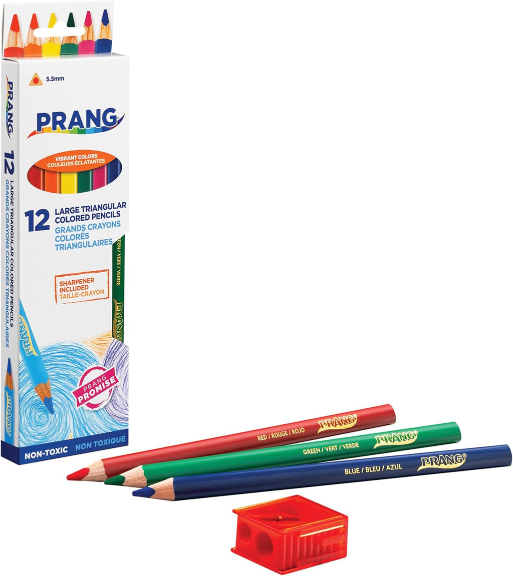 Prang Triangular Colored Pencils with Sharpener – 12 Assorted Colors Ergonomic Grip for Kids, Students & Artists
