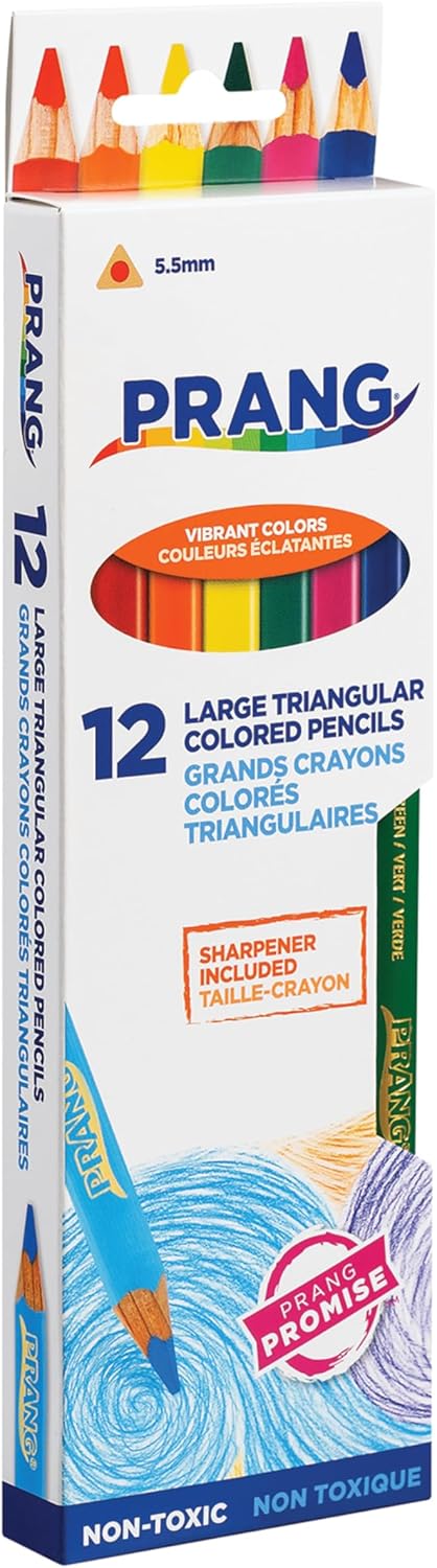 Prang Triangular Colored Pencils with Sharpener – 12 Assorted Colors Ergonomic Grip for Kids, Students & Artists